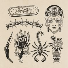 an old fashioned tattoo design with different designs