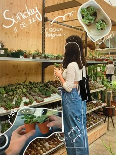 a woman looking at plants in a greenhouse