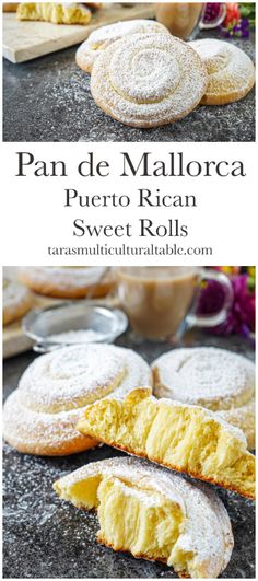 Pan de Mallorca (Puerto Rican Sweet Rolls) covered in powdered sugar with one cut in half to show fluffy texture. Taro Rolls, Puerto Rican Recipes Desserts, Puerto Rican Recipes, Latin Food, Bread And Pastries, Sweet Roll, Food Diary, Sweets Treats