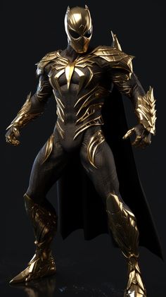 a gold - plated figure stands in front of a black background, with his hands on his hips