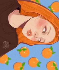 a painting of a woman laying on top of oranges with her eyes closed and head tilted to the side