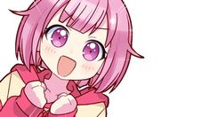 an anime character with pink hair and big eyes, wearing a pink outfit while holding her hand up to her chest