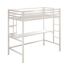 a white metal bunk bed with stairs on the bottom and upper level, against a white background