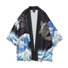 The Kimono Oni is the perfect choice for those who appreciate quality and style. The Wave Black and Blue design is simply stunning, and the kimono itself is expertly crafted from the finest materials.The attention to detail is evident in every aspect of this garment, from the intricate stitching to the beautiful silk lining. It's the perfect way to add a touch of luxury to your wardrobe.The Kimono Oni is also extremely versatile. It can be worn as a standalone piece or layered over other garment Long Kimono Cardigan, Gilet Kimono, Mode Mantel, Haori Jacket, Island Outfit, Male Kimono, Kimono Coat, Long Kimono, Japanese Street Fashion