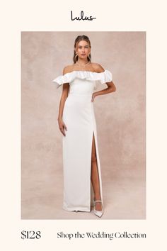 If you prefer to leave everyone in awe when you enter the room, then you'll want to strut down the aisle in the Lulus Sincerely Passionate White Ruffled Off-the-Shoulder Maxi Dress! Achieve maximum elegance on your big day with this stunning crepe knit dress that starts with a luxe satin ruffled overlay that creates an elasticized, off-the-shoulder neckline that flows into flouncy short sleeves. The high, fitted waist tops a figure-flattering column skirt that falls to a sophisticated maxi hem a Column Skirt, Straight Dress, Rehearsal Dinner, Dress 100, Knit Dress, Big Day, Floor Length, Bridal Dresses, Apparel Accessories