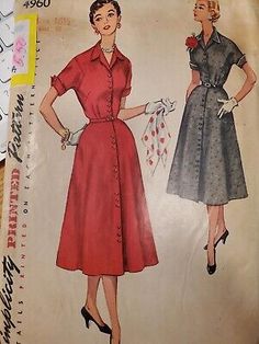 Vintage 1954 Simplicity 4960 Dress Sewing Pattern SZ 16.5 BUST 35 (TODAYS SZ 10). CHECK THE MEASUREMENTS ON THE BACK OF THE PATTERN, 1950 SIZES ARE NOT THE SAME AS MODERN SIZES. 50s Dress Pattern, 1950s Dress Patterns, Simplicity Patterns Dresses, Patron Vintage, Vintage Dresses 50s, Vintage Dress Patterns, Shirtwaist Dress, Vestidos Vintage, Tailored Dress