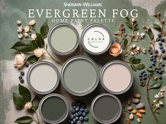 several paint cans with flowers and berries in them on a green background, the words evergreen fog home paint palette