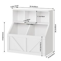 a white storage cabinet with sliding doors and measurements for the top section, bottom section and bottom section