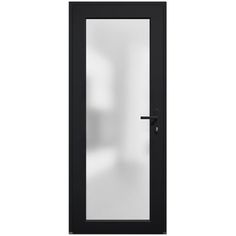 an open door with glass on the side and black frame, against a white background