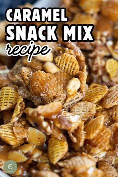 caramel snack mix mixed together in bowl Caramel Trail Mix Recipes, Snacks With Caramel, Caramel Cereal Snack, Caramel Crispix Snack Mix Recipe, Carmel Nuts Easy Recipes, Chex Mix Recipes Caramel, Carmel Pecan Chex Mix Recipes, Chec Mix Recipe Caramel, Chex Mix Caramel Recipe