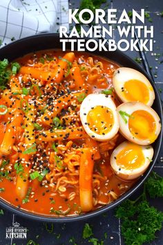 korean ramen with tekoboki in a bowl topped with hard boiled eggs