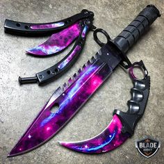 three different types of knifes with purple and blue designs on them, one has a black handle