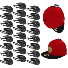 a red and black baseball cap with many clips attached to it