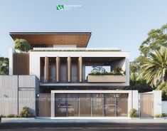 an artist's rendering of a modern house in the middle of a street with palm trees