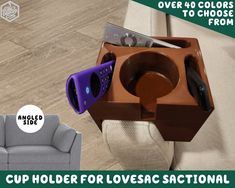 the cup holder for lovesac sectional is made out of wood and has purple handles