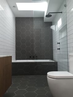 a white toilet sitting next to a bath tub in a bathroom under a skylight