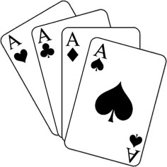 four playing cards with spades and hearts on each card are shown in black and white