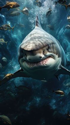 a shark swimming in the ocean with many fish around it's neck and mouth