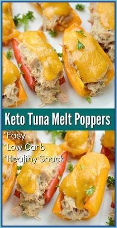 keto tuna melt poppers on a white plate with text overlay that reads easy low carb healthy snack