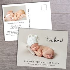 two baby announcement cards with an image of a baby in a hat and the words, he's here