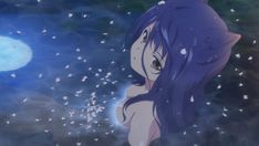 an anime character with long hair standing in the snow at night, looking up into the sky