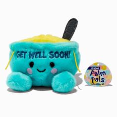 a blue stuffed animal with the words get well soon on it