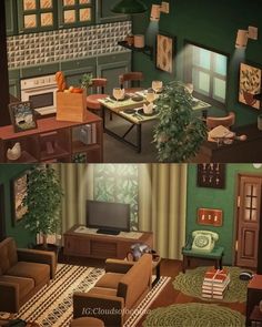 two different views of a living room with green walls and brown furniture in the middle