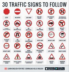 traffic signs are shown in red and white with the words 30 traffic signs to follow