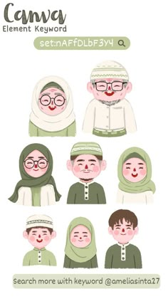 some people with glasses and headscarves are shown in this cartoon character sheet for canva