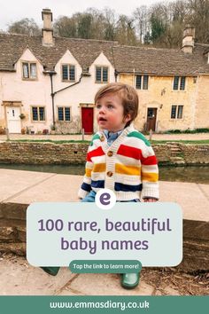 a baby sitting on top of a skateboard in front of a house with the words 100 rare, beautiful baby names