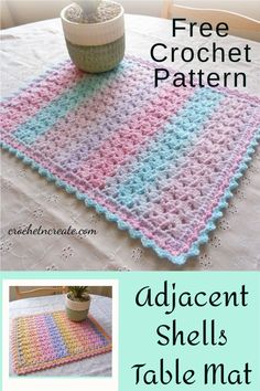 a crocheted table mat with the text, free crochet pattern adjacent shells table mat