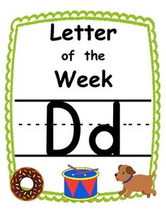 a letter of the week d with a dog and a doughnut next to it