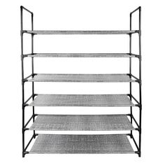 four tiered shelving unit with grey carpet on the bottom and one shelf below