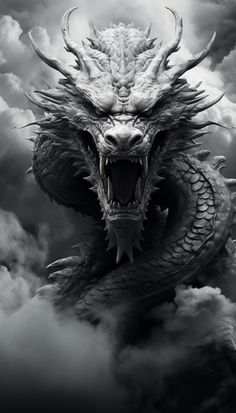 a dragon with its mouth open in the clouds