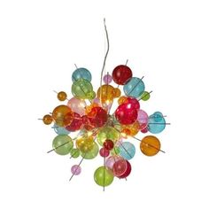 a multicolored chandelier is hanging from a metal rod with lights on it