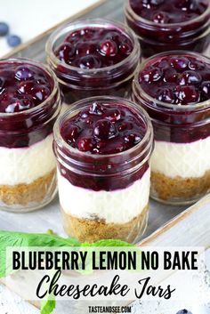 blueberry lemon no bake cheesecake jars on a tray