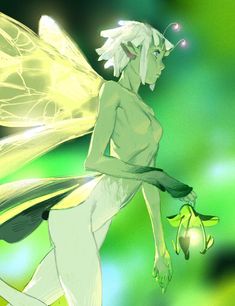 a fairy with white hair and green eyes is holding a flower in her right hand