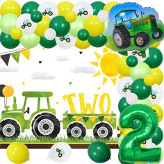 a tractor themed birthday party with balloons and streamers