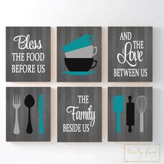 four teal and gray kitchen wall art prints with the words,'i love the food