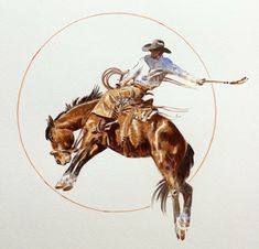 a painting of a cowboy riding a bucking bronco on a white paper background