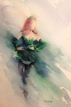 a watercolor painting of a woman in a green dress with her hands on her hips