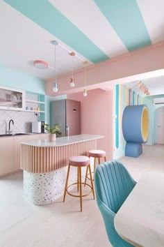 a kitchen with pink, blue and white walls and wooden stools in front of the bar