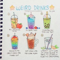 a spiral notebook with different drinks and their names on the pages, including watermelon, lemonade, iced tea, icecream, creme, hot chocolate