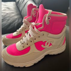 Suede Calfskin Lambskin Neoprene High Top Cc Sneakers White Fluo Pink. Worn Twice. Sold Out Everywhere. Chanel Sneakers 2022, Shoes Chanel, Chanel Sneakers, Chanel Pink, Pink Chanel, Tiny Studs, Chanel Shoes, Sneakers White, Womens Shoes Sneakers