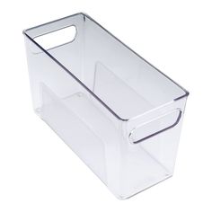 a clear plastic storage container with handles on the bottom and sides, for storing items