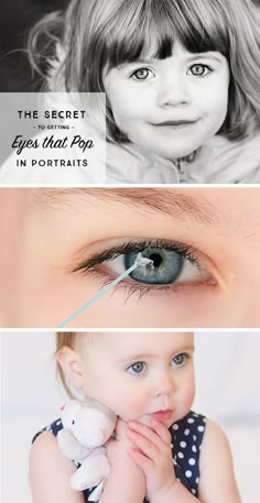 two photos with the words, the secret to eyes that pop in portraits