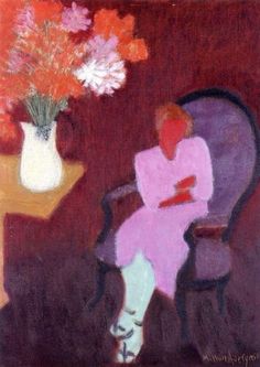 a painting of a woman sitting in a chair next to a vase filled with flowers