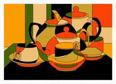 a painting of teapots and cups on a table with yellow, green, orange and black squares