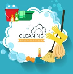 the cleaning service logo is surrounded by various cleaning supplies