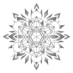 an intricate geometric design in black and white, with arrows pointing up to the center